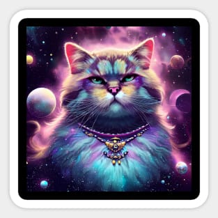 a majestic cat in outer space, surrounded by celestial bodies like stars, planets, and galaxies Sticker